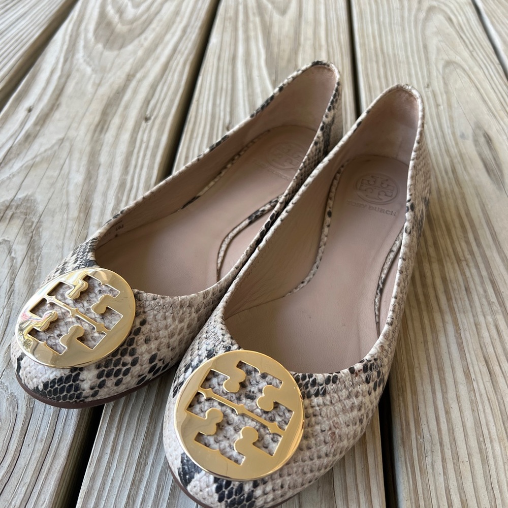 Tory Burch Snakeskin Ballet Flats with Gold Logo Medallions 9 Reva Python